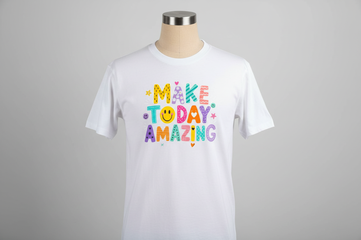 Make Today Amazing colorful patterned letter DTF design on white t-shirt on tan mannequin