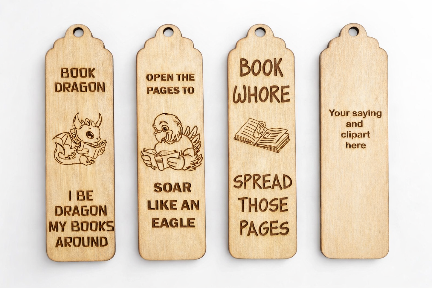 Laser Etch wood or acrylic bookmarks.