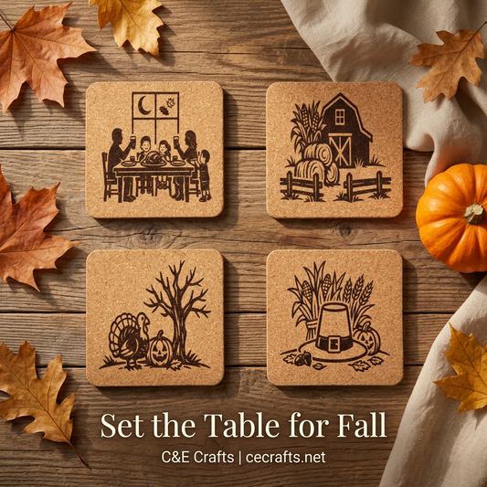 C&E Crafts fall promotional scene using the updated coaster photo