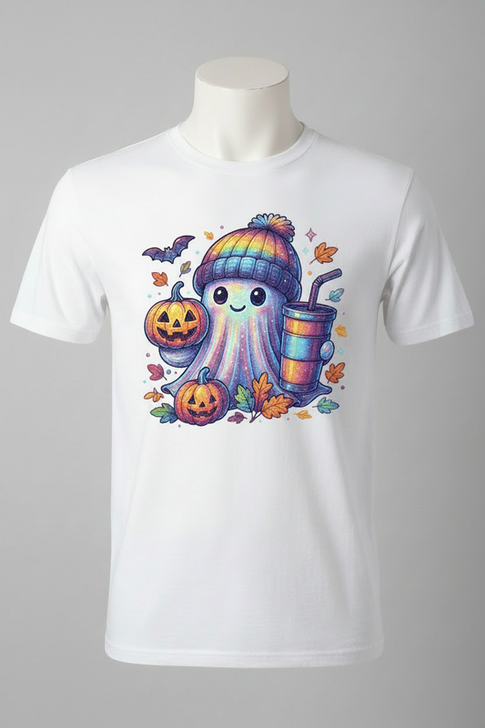 Colorful Halloween Ghost T-Shirt on Mannequin