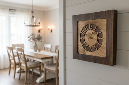 Custom Concealed Storage Clock on Dining Room Wall