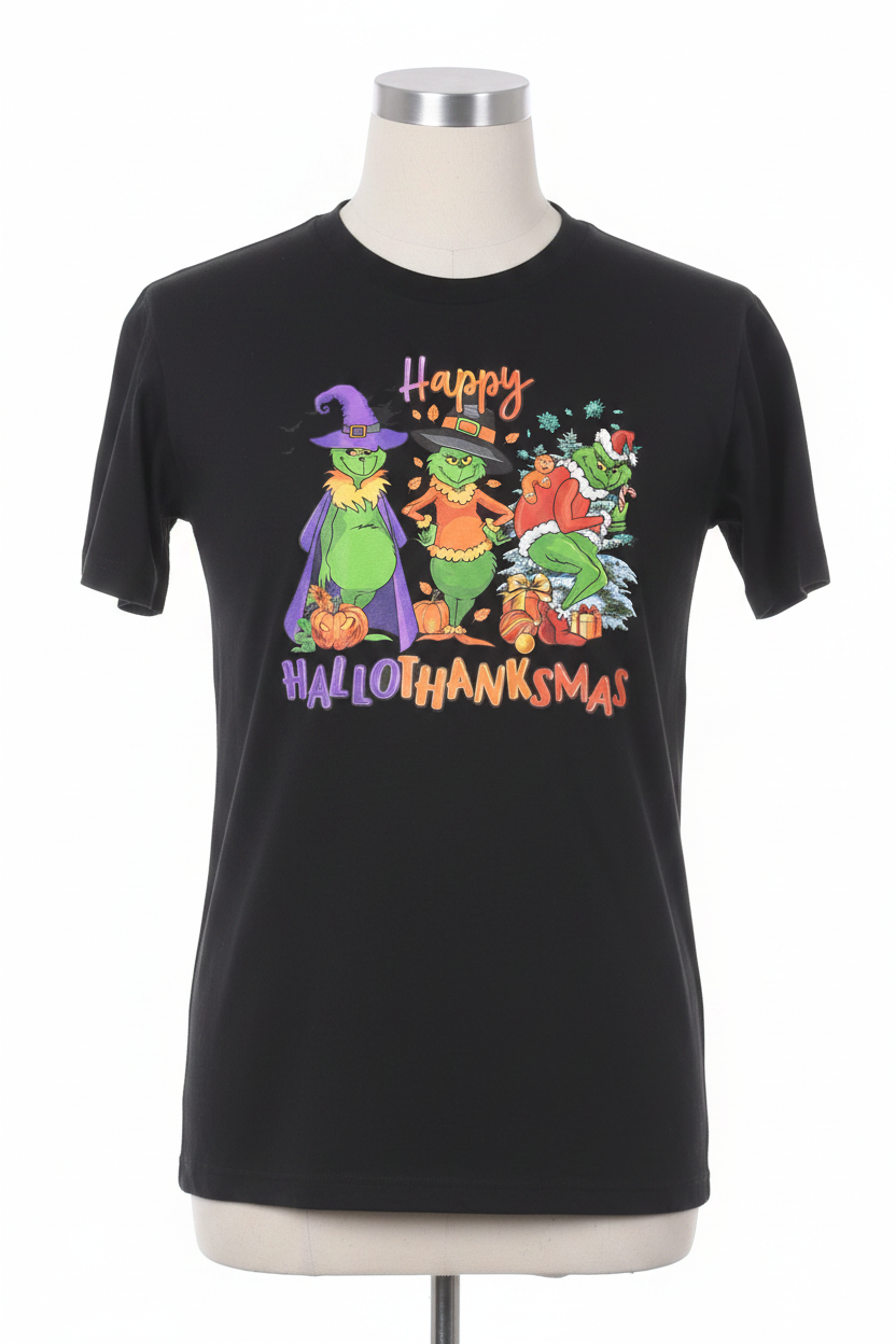 Hallowthanksmas Tee on Gray Mannequin