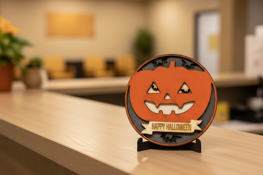 Happy Halloween Medallion on Receptionist Desk