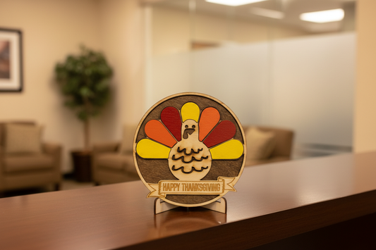 Happy Thanksgiving Medallion on Receptionist Desk