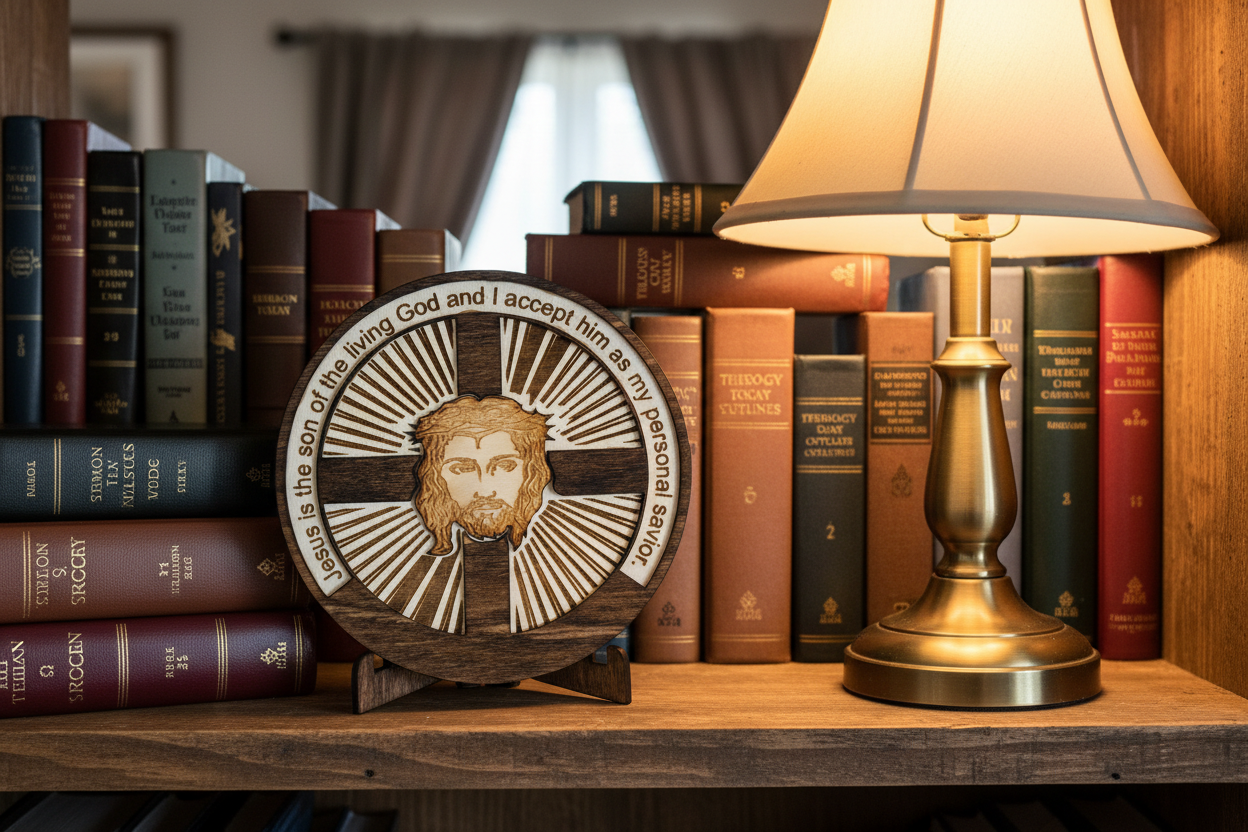 Jesus medallion displayed on a minister's bookshelf with Bibles and warm lighting