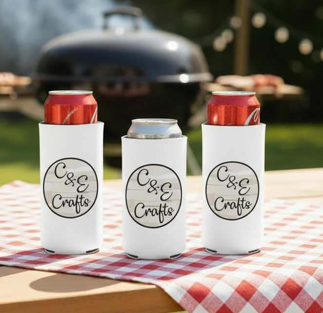 White custom koozies with C&E Crafts logo displayed at an outdoor BBQ cookout setting