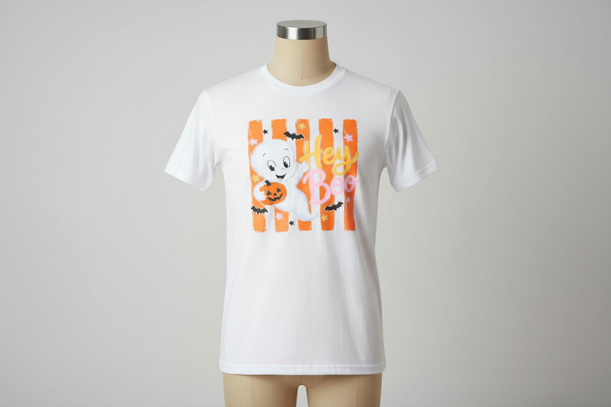 Hey Boo ghost with jack-o-lantern DTF print on white t-shirt on tan mannequin
