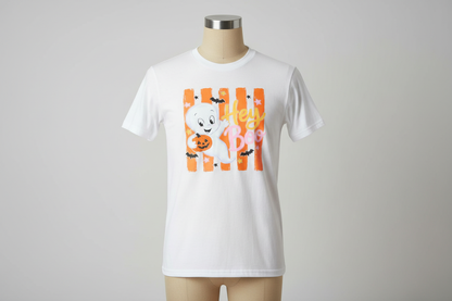 Hey Boo ghost with jack-o-lantern DTF print on white t-shirt on tan mannequin