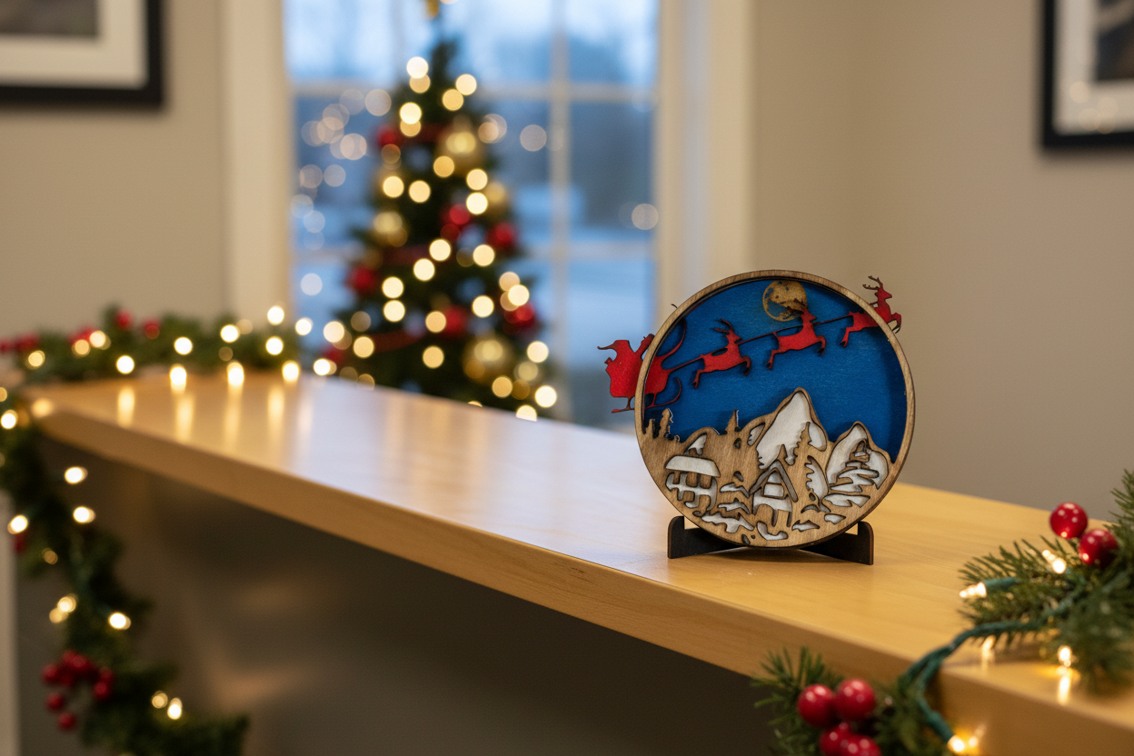 Merry Christmas wood medallion displayed on a receptionist desk with holiday decor