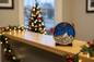 Merry Christmas wood medallion displayed on a receptionist desk with holiday decor