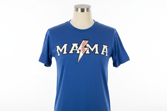 Royal blue heather t-shirt with baseball mama lightning bolt DTF print on a torso mannequin
