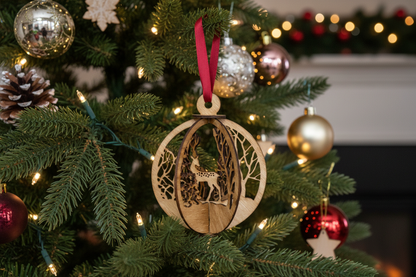 Laser-cut wood deer in the woods Christmas ornament hanging on a decorated Christmas tree with warm twinkling lights