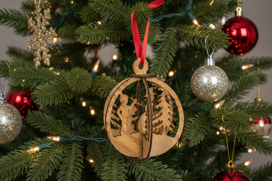 Laser-cut wood snowman winter scene Christmas ornament hanging on a decorated Christmas tree with warm twinkling lights