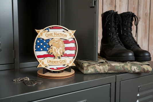 One Nation Under God wood medallion displayed on a serviceman's locker with military gear