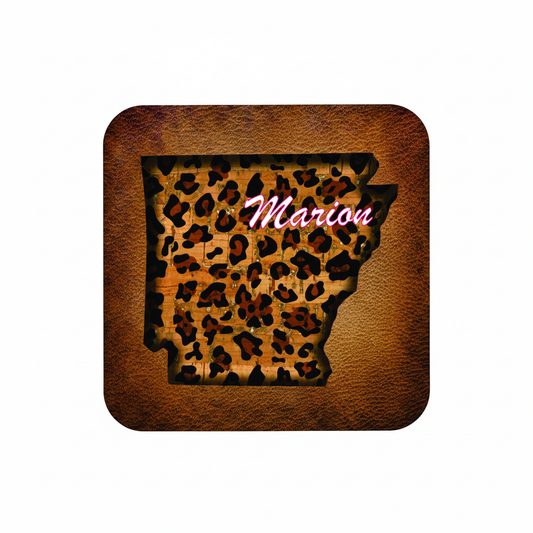 Marion Arkansas Leopard Coaster - White Background