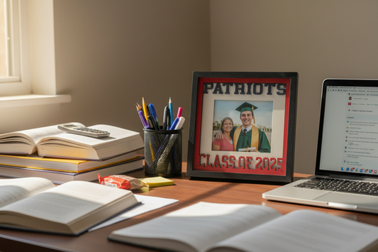 Class of 2025 graduation shadow box frame displayed on a student's desk with textbooks and laptop