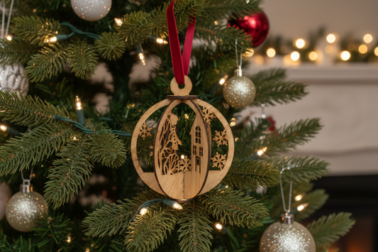 Laser-cut wood girl walking scene Christmas ornament hanging on a decorated Christmas tree with warm twinkling lights