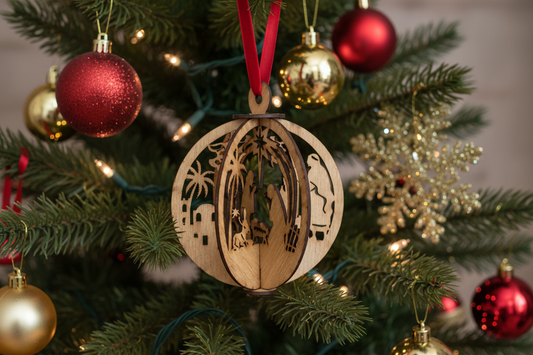 Laser-cut wood nativity scene Christmas ornament hanging on a decorated Christmas tree with warm twinkling lights