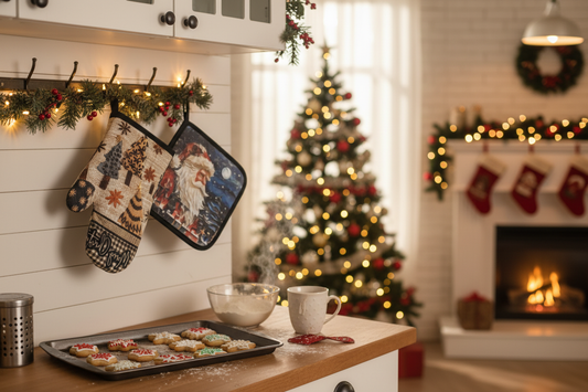 Christmas potholder and oven mitt set displayed in a cozy Christmas kitchen with holiday decor and warm lighting