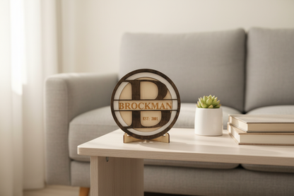 Brockman family name wood medallion displayed on an end table in a modern den