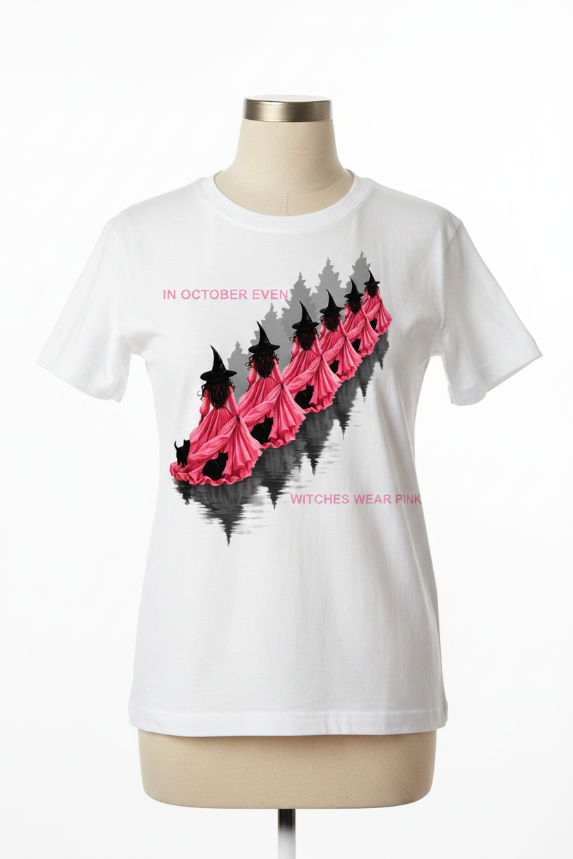 In October Even Witches Wear Pink – Halloween Witch Breast Cancer Awareness Tee Mockup
