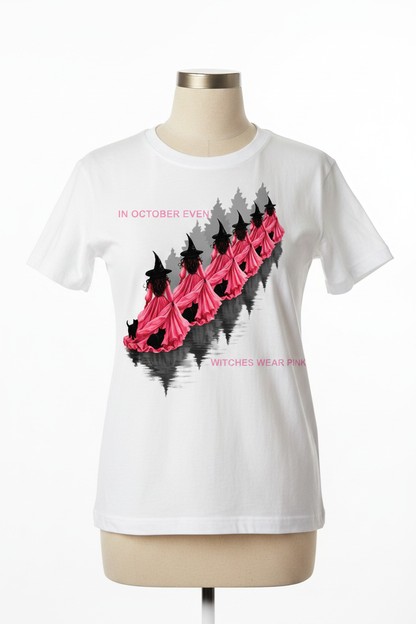 In October Even Witches Wear Pink – Halloween Witch Breast Cancer Awareness Tee Mockup