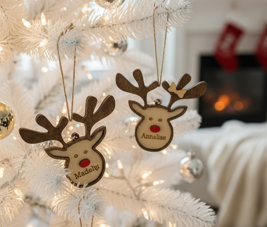 Wooden Reindeer Ornaments - White Christmas Tree Scene
