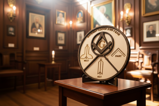 Masonic square and compass wood medallion displayed in the antechamber of a Masonic lodge