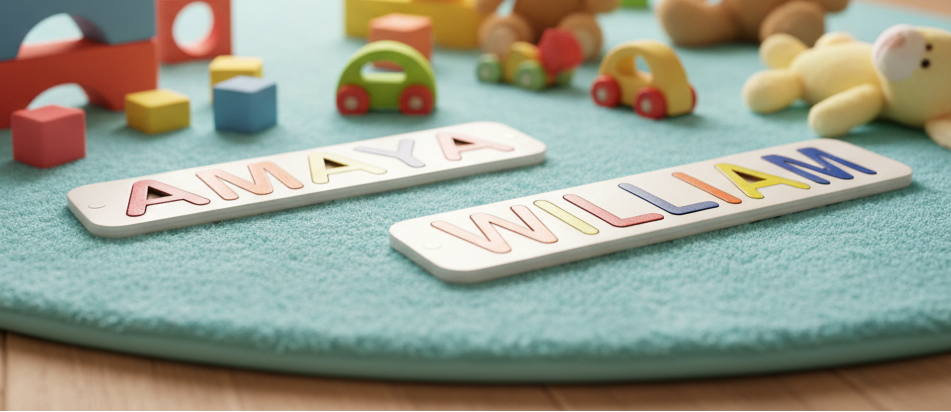 Custom wooden name letter puzzles with colorful letters displayed on a play mat in a bright cheerful children's playroom