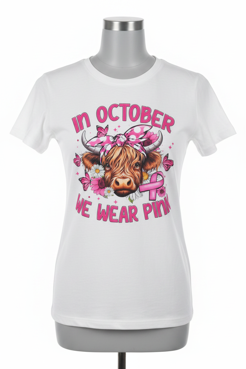 In October We Wear Pink - Highland Cow on Gray Mannequin