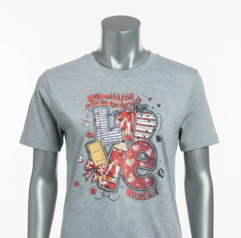 LOVE Teacher Tee on White Torso Mannequin