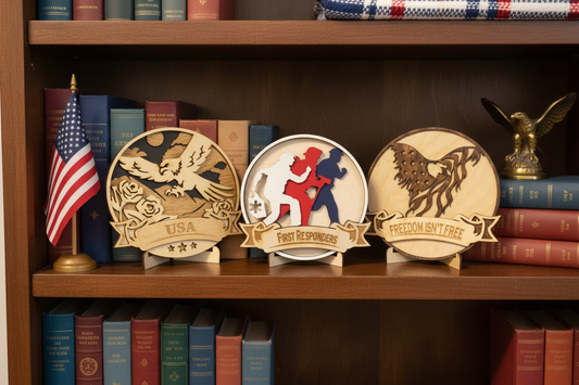 Patriotic Medallions on Bookshelf
