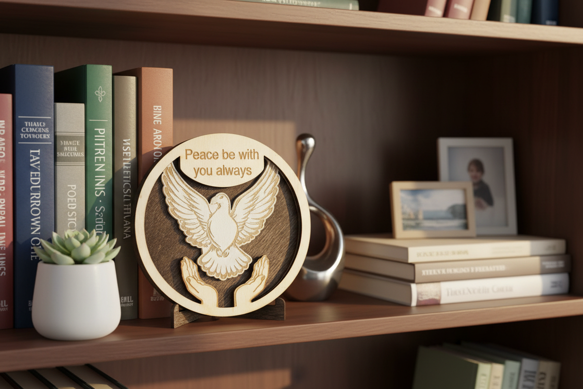 Peace Medallion on Bookshelf