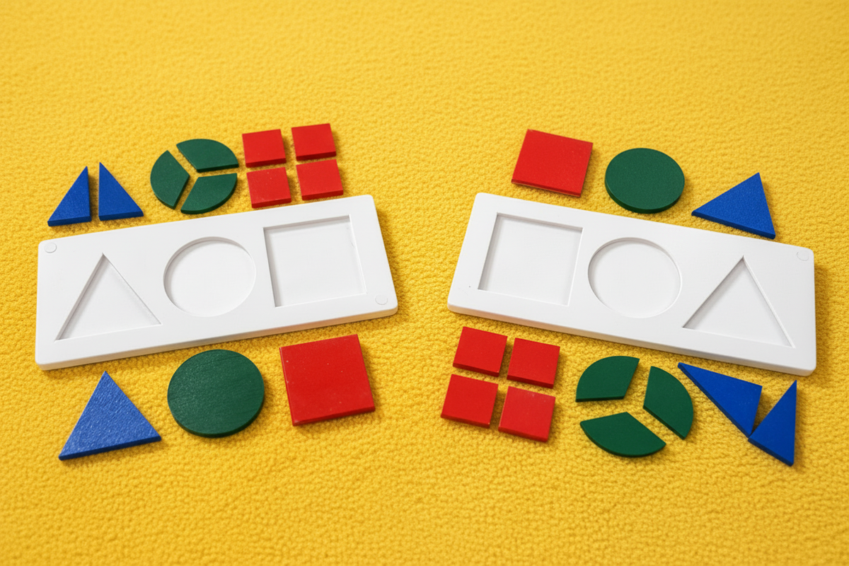 Shape sorting puzzle on solid yellow carpet