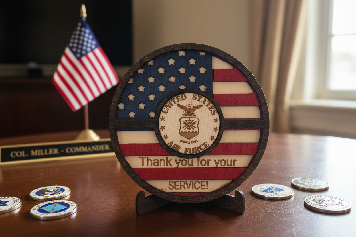 Thank You For Your Service Medallion on Military Desk